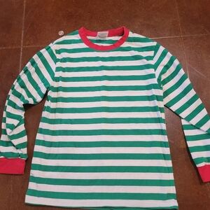 Green and White Striped  Shirt with Red Accents